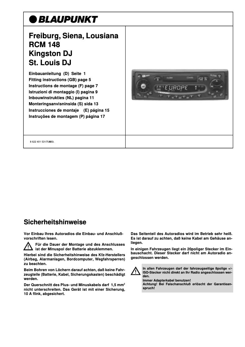 Page 1 de la notice Manuel utilisateur Blaupunkt SIENA RCM 148