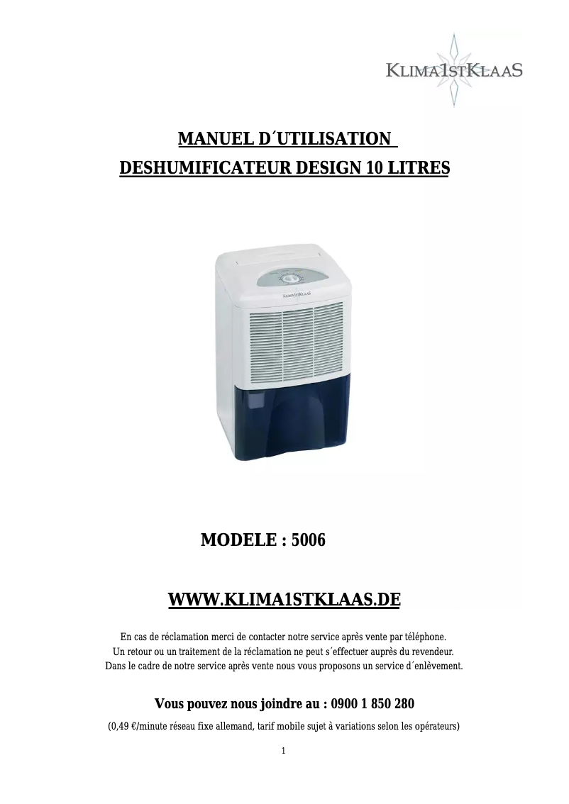Page n°1 - Manuel utilisateur Klima1stKlaas 5006