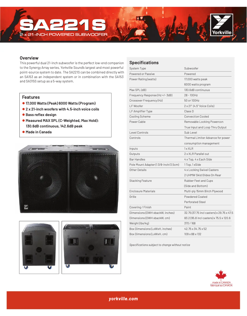 Page n°1 - Fiche technique Yorkville Synergy SA221S