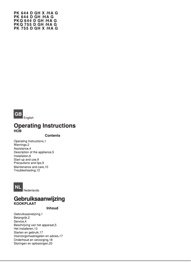 Page 1 de la notice Manuel utilisateur Hotpoint Ariston PKQ 755D GH (K)/HA G