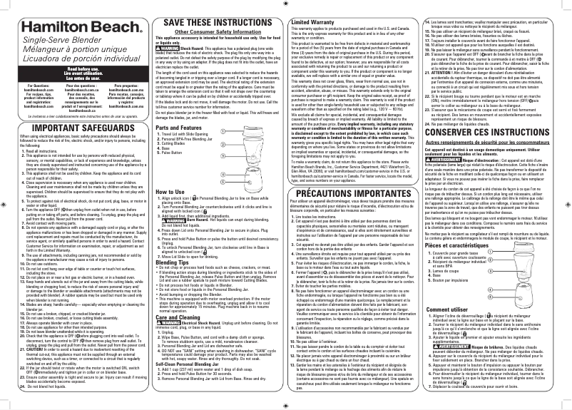 Page 1 de la notice Manuel utilisateur Hamilton Beach Personal Creations 51146V