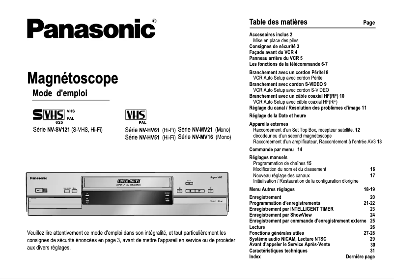 Page n°1 - Manuel utilisateur Panasonic NV-SV121