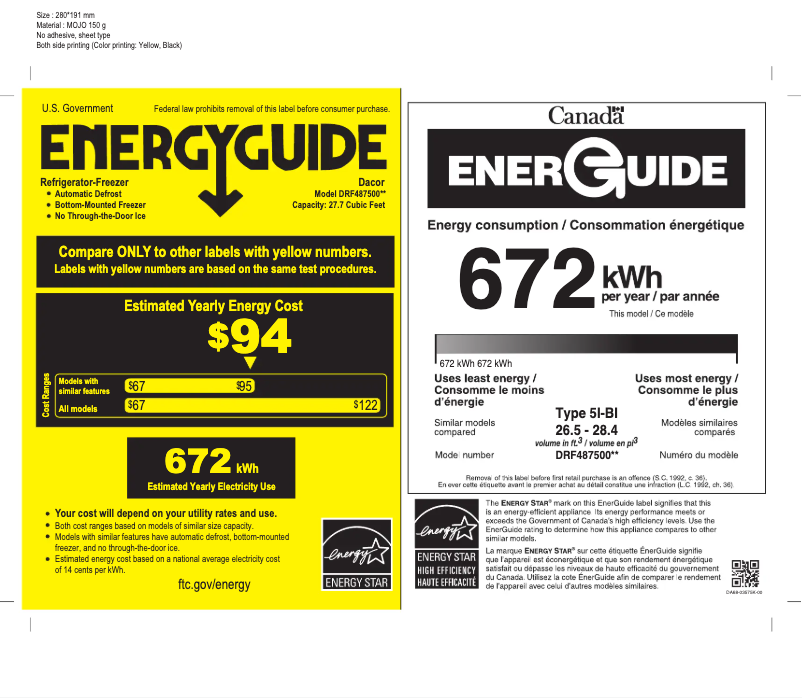 Page 1 de la notice Label énergétique Dacor DRF487500AP