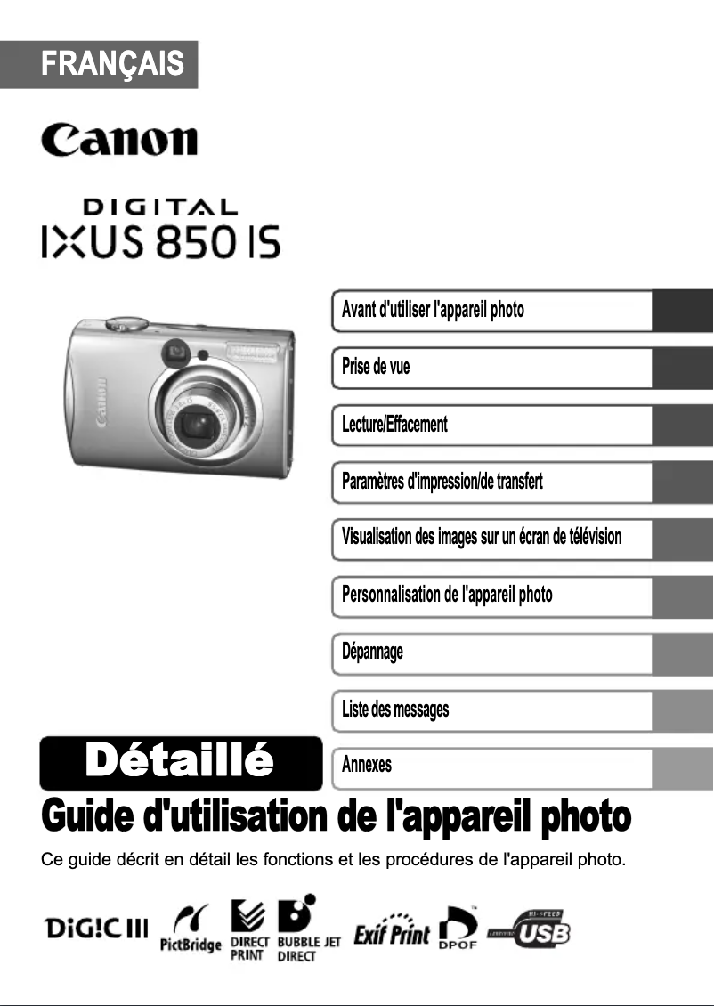 Page 1 de la notice Manuel utilisateur Canon Digital IXUS 850 IS
