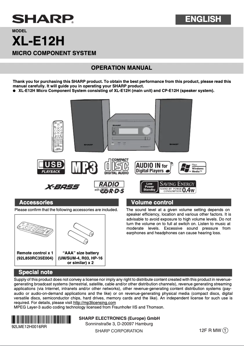 Page 1 of the manual User Manual Sharp XL-UH12H