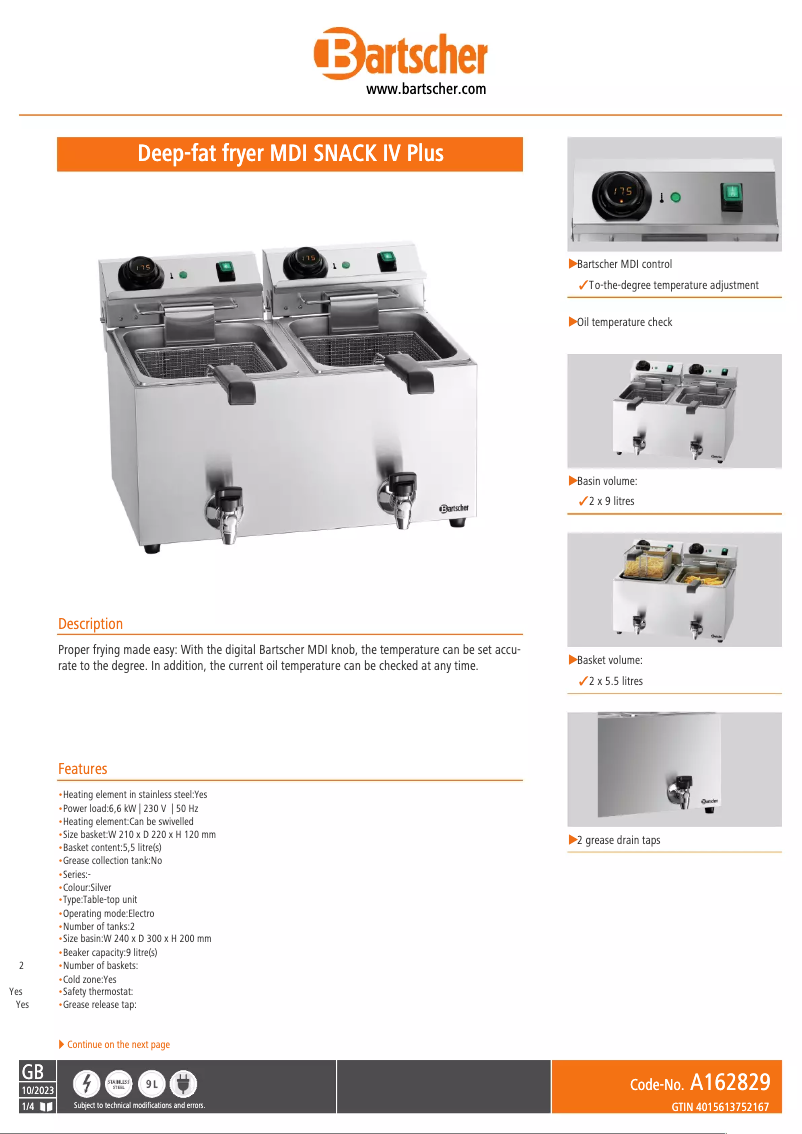 Page 1 de la notice Fiche technique Bartscher MDI SNACK IV Plus A162829