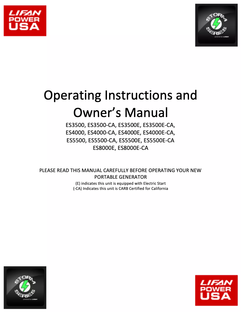 Page 1 de la notice Manuel utilisateur Lifan Storm 4000E