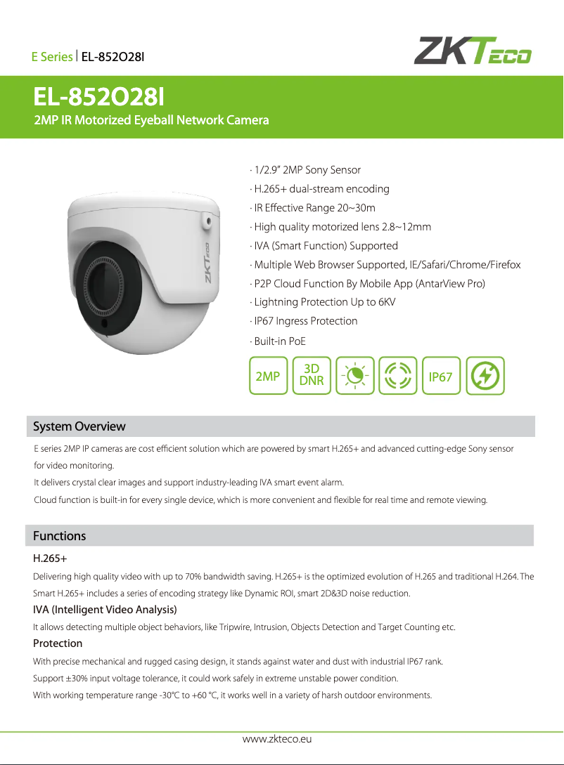 Page 1 de la notice Manuel utilisateur ZKTeco EL-852O28I