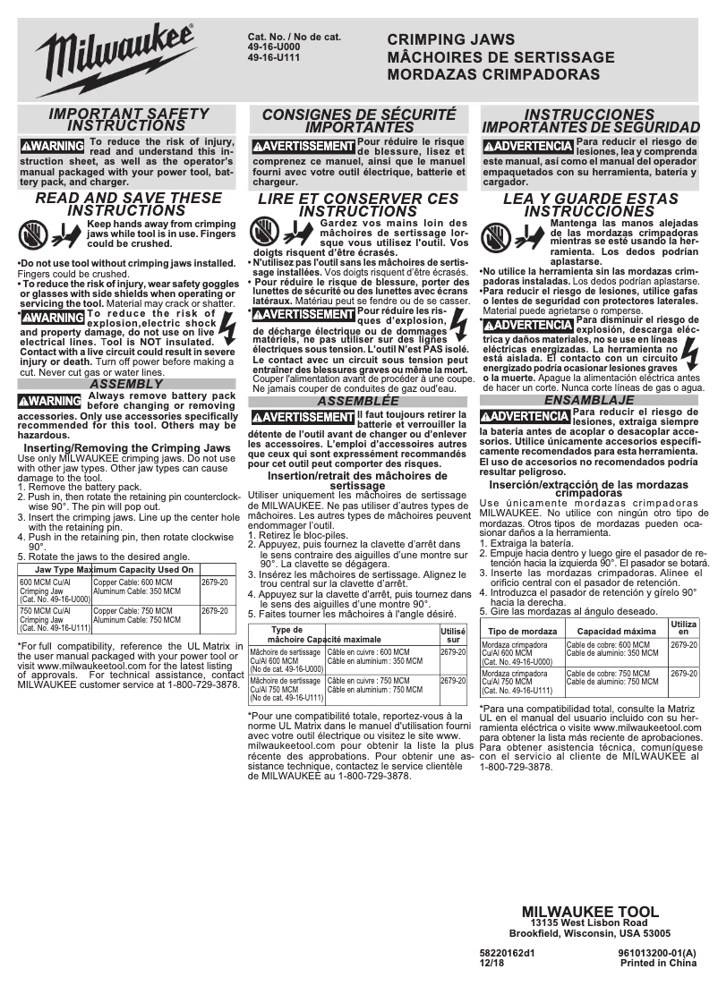 Page n°1 - Manuel utilisateur Milwaukee 49-16-U111