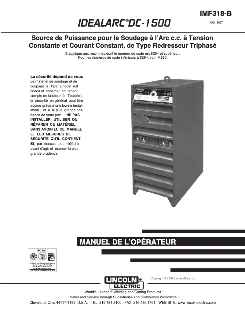Page 1 de la notice Manuel utilisateur Lincoln Electric Idealarc DC-1500