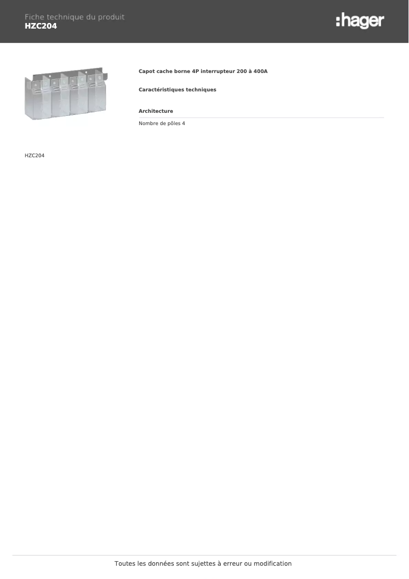 Page n°1 - Fiche technique Hager HZC204