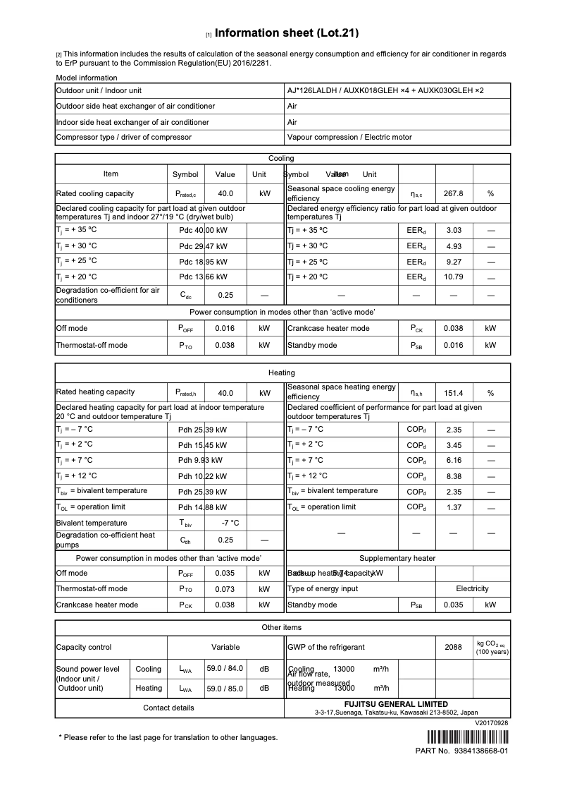 Page 1 de la notice Fiche technique Fujitsu Airstage AJH126LALDH