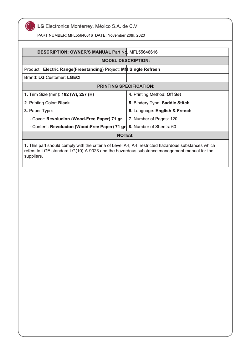 Page 1 de la notice Manuel utilisateur LG LREL6323S
