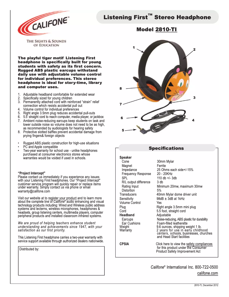 Page n°1 - Manuel utilisateur Califone Listening First 2810-TI