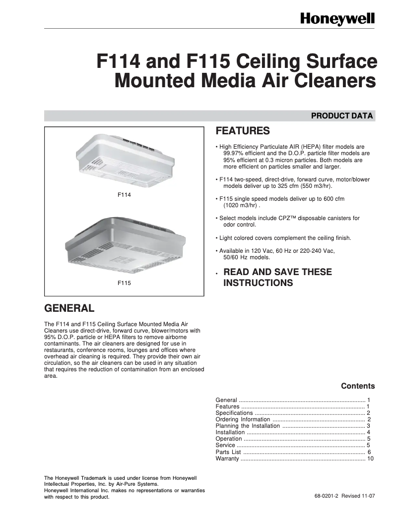 Page n°1 - Mode d'emploi Honeywell F115A1064