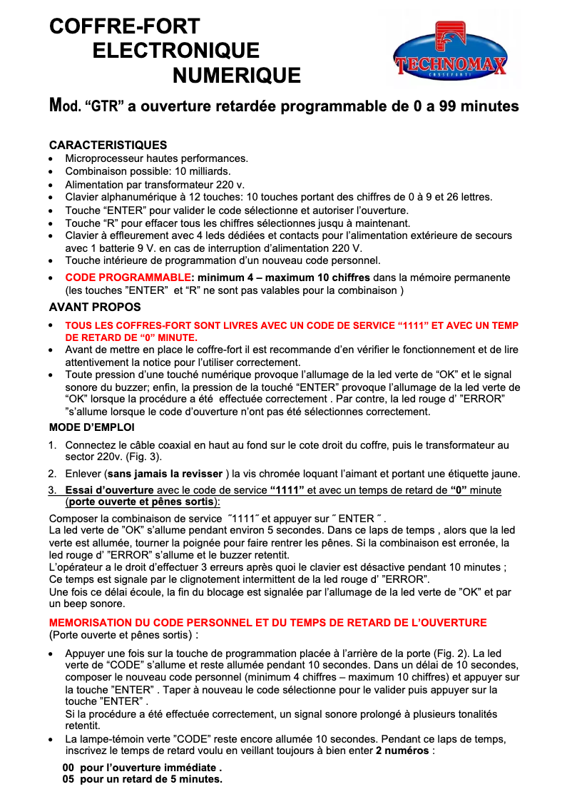 Page n°1 - Manuel utilisateur Technomax Trony GTR-4P