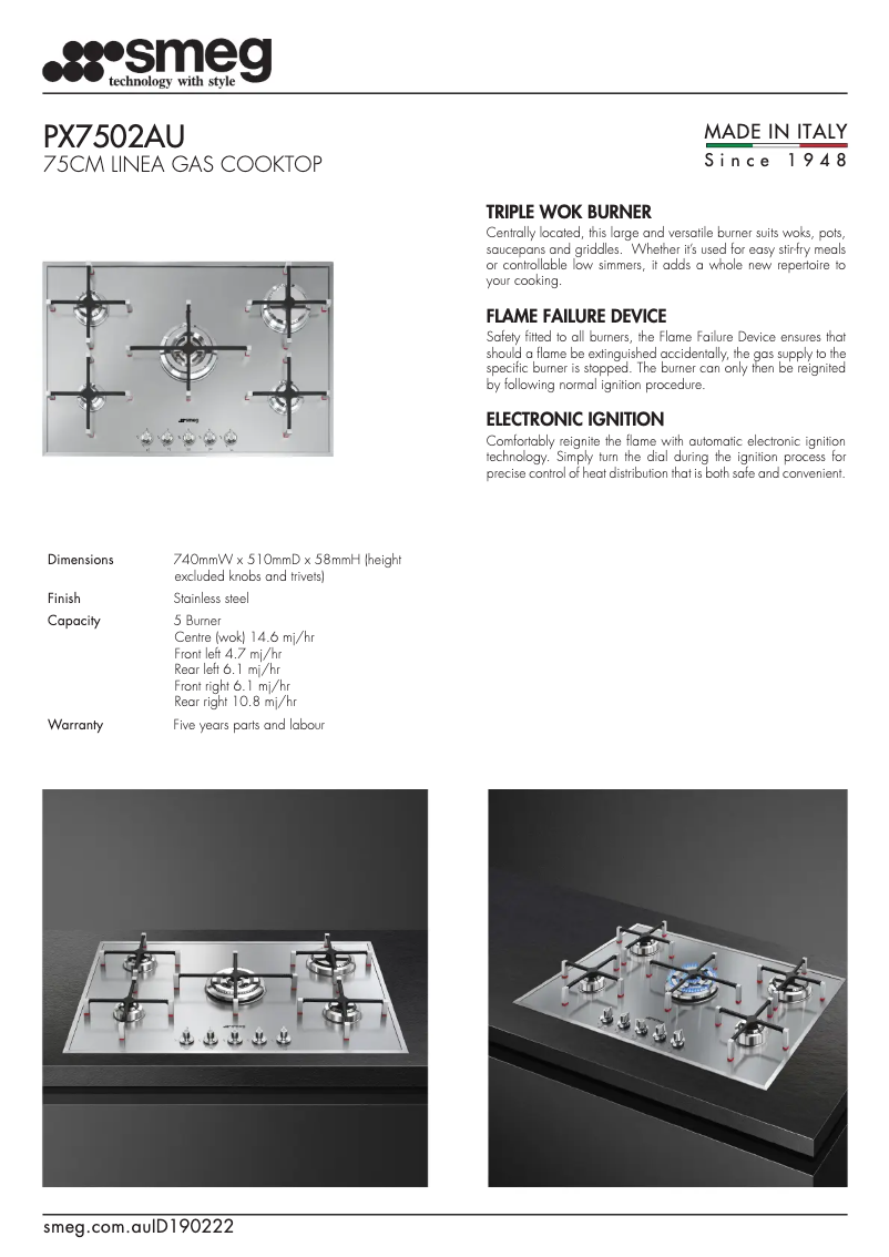 Page 1 de la notice Fiche technique Smeg PX7502AU