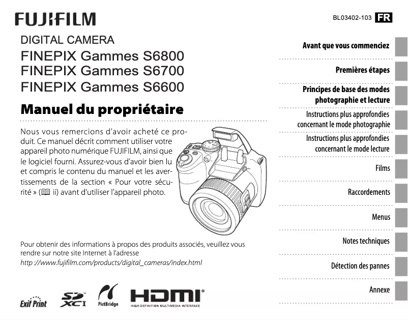 Page 1 de la notice Manuel utilisateur Fujifilm FinePix S6700
