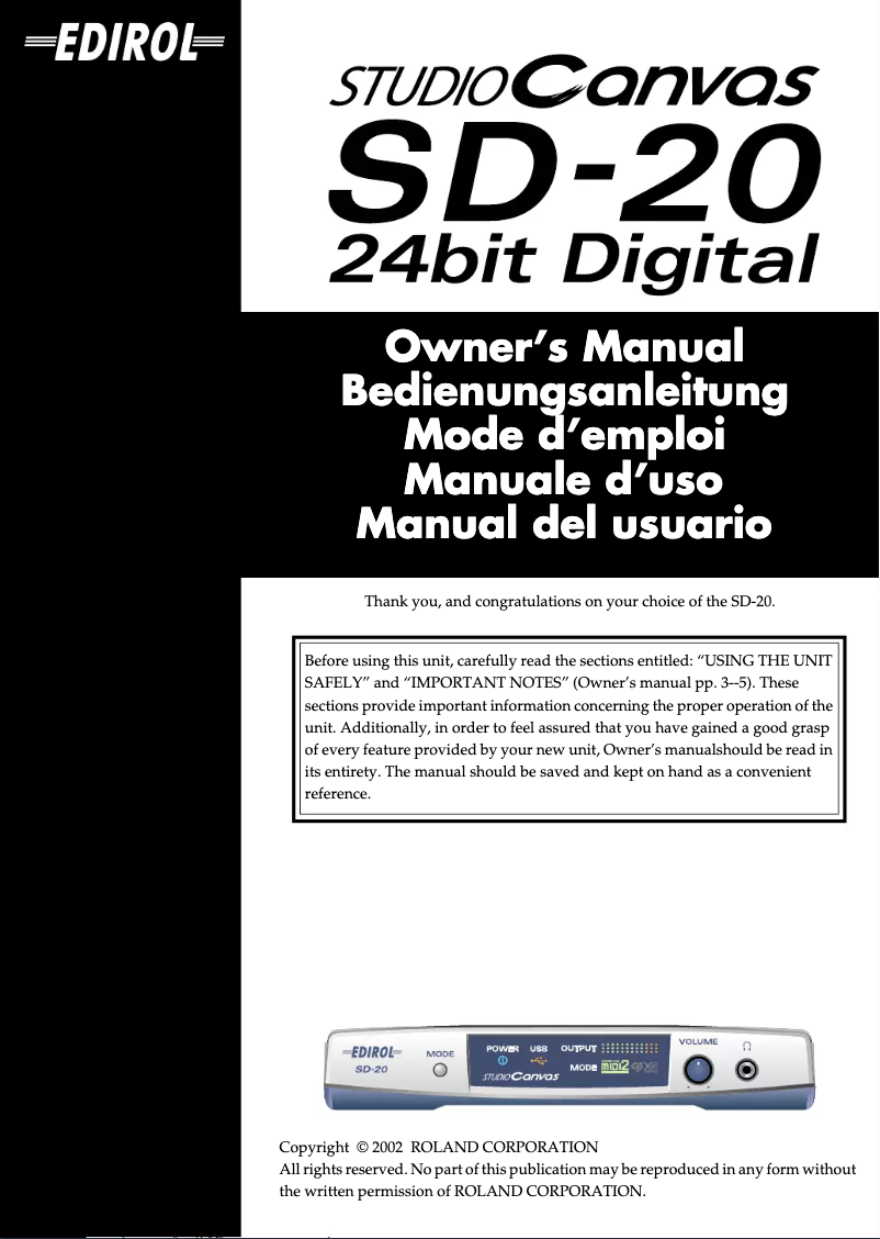 Page 1 de la notice Manuel utilisateur Roland SD-20