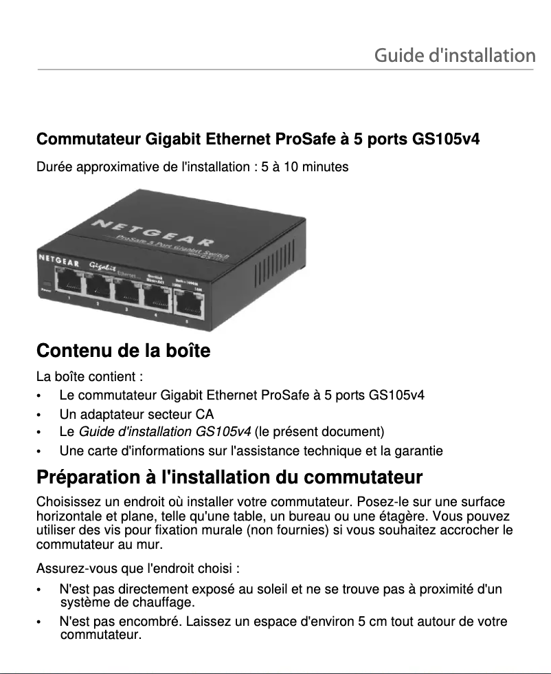 Page n°1 - Manuel utilisateur Netgear GS105