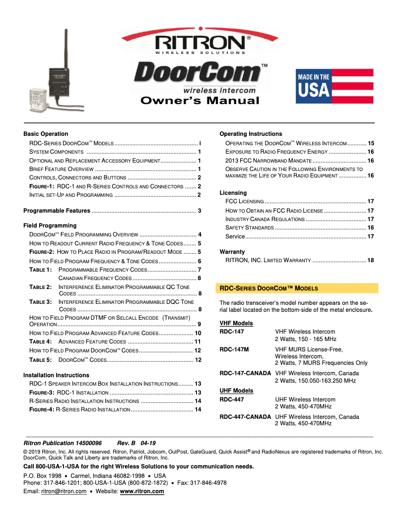 Page 1 de la notice Manuel utilisateur Ritron DoorCom RDC-447