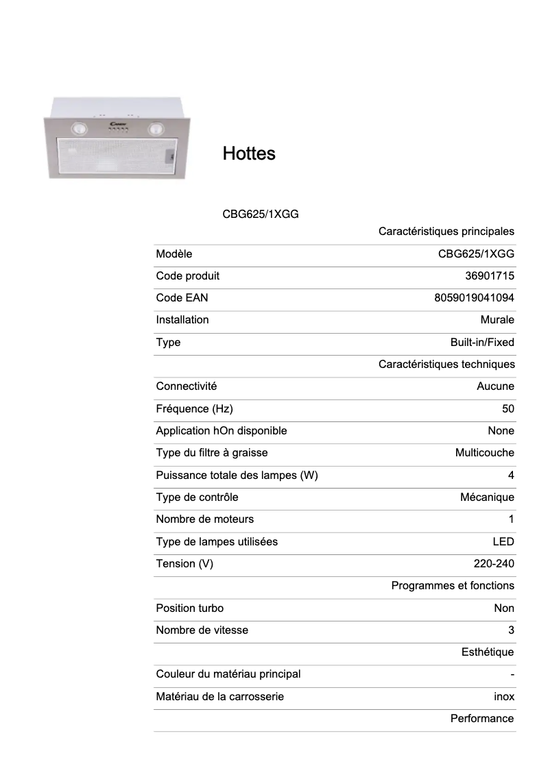Page 1 de la notice Fiche technique Candy CBG625/1XGG