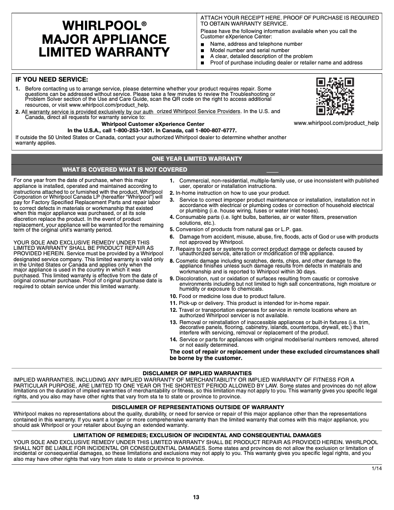 Page n°1 - Mode d'emploi Whirlpool WZF56R16D