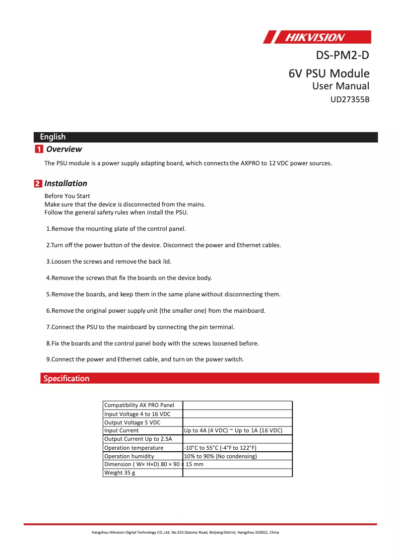 Page n°1 - Manuel utilisateur Hikvision DS-PM2-D