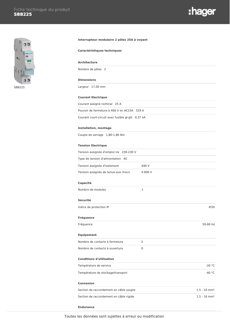 Page n°1 - Fiche technique Hager SBB225