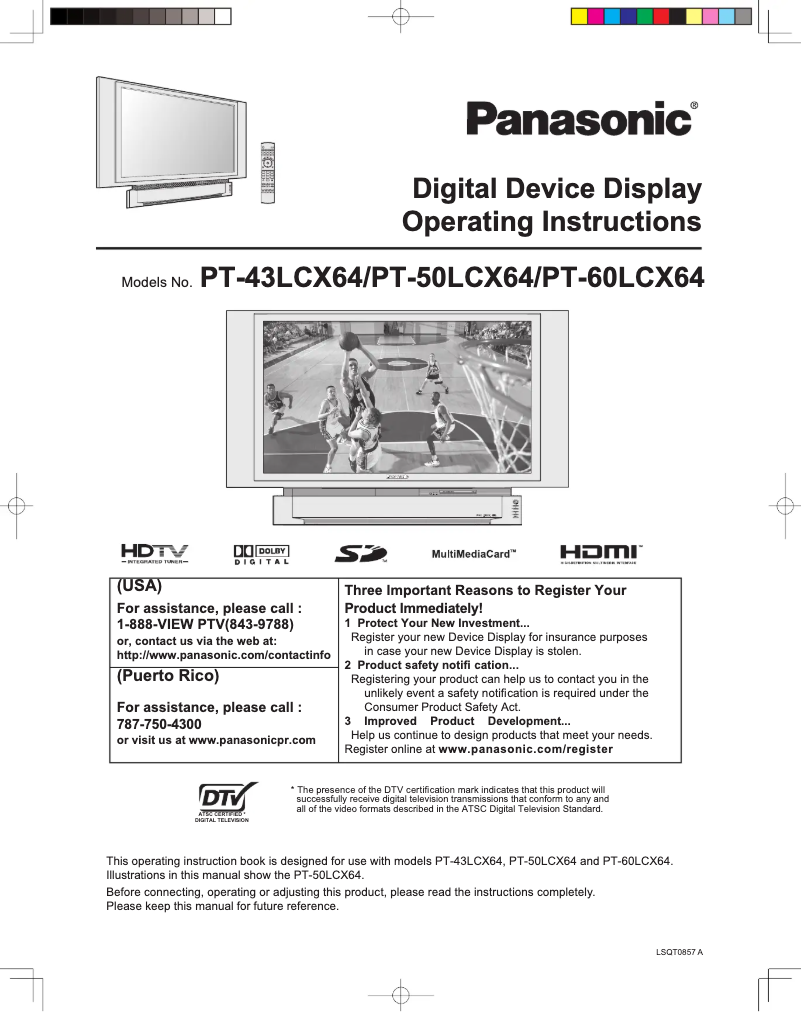 Page 1 de la notice Manuel utilisateur Panasonic PT-43LCX64