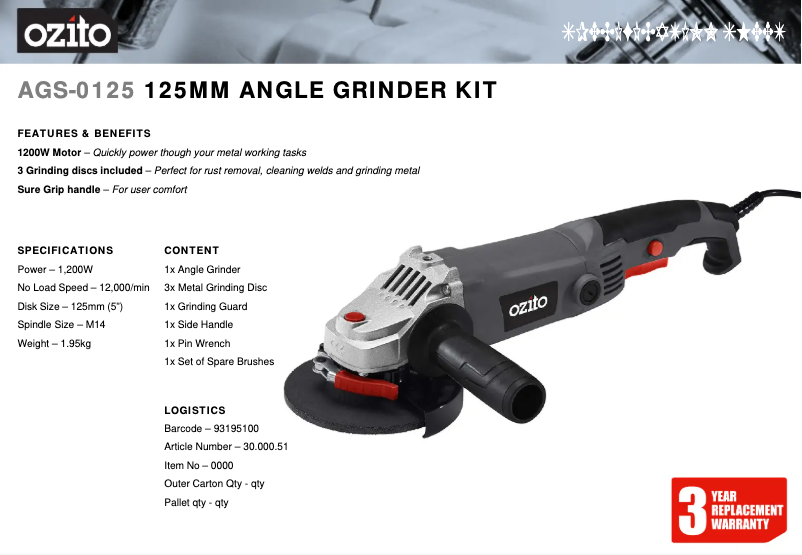 Page 1 de la notice Fiche technique Ozito AGS-0125