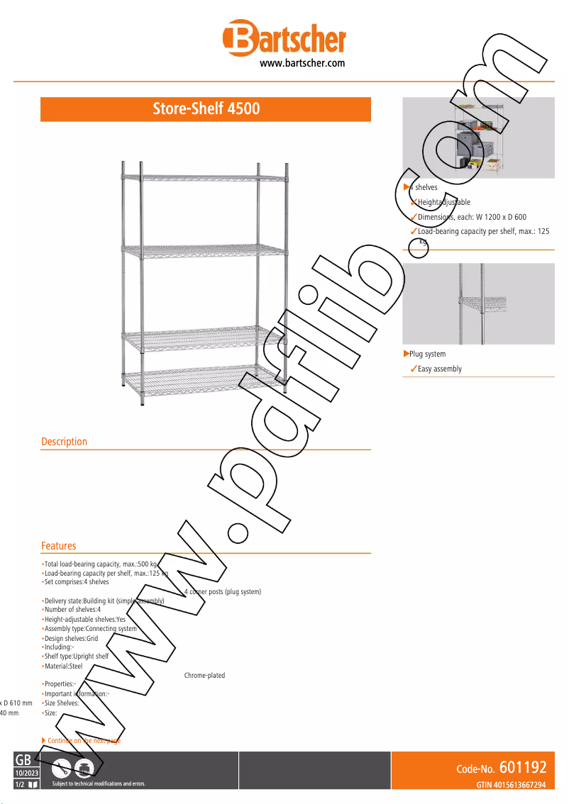 Page n°1 - Fiche technique Bartscher 601192