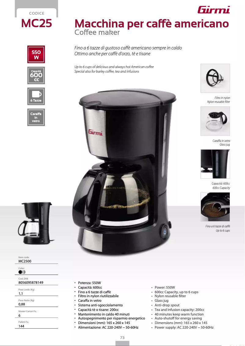 Page 1 de la notice Fiche technique Girmi MC25