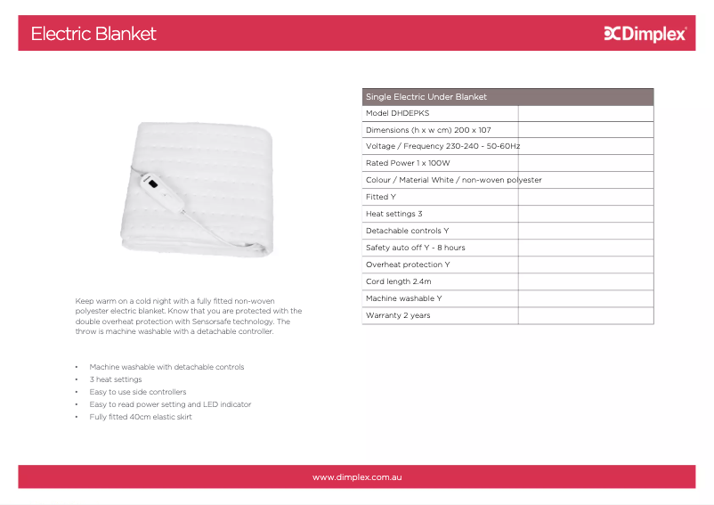 Página 1 del manual Ficha técnica Dimplex DHDEPKS