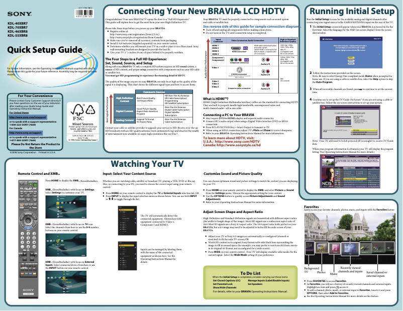 Page n°1 - Guide d'installation Sony Bravia KDL-70XBR7