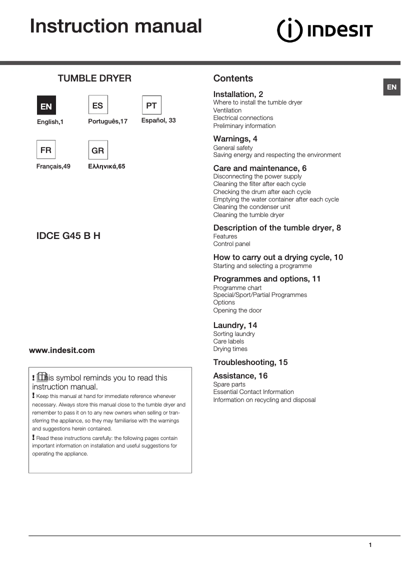 Página 1 del manual Manual de usuario Indesit IDCE G45 B