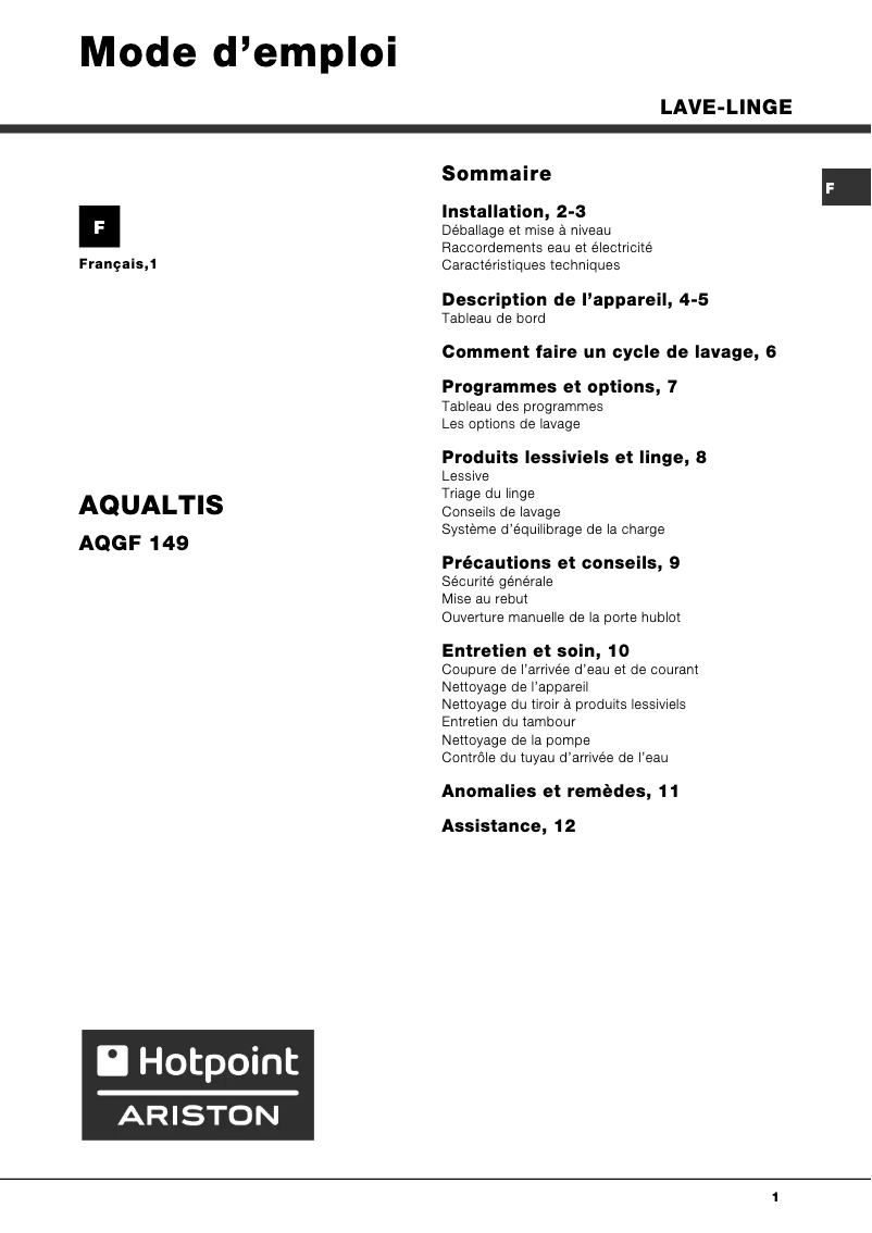 Page n°1 - Manuel utilisateur Hotpoint Ariston Aqualtis QGF 149