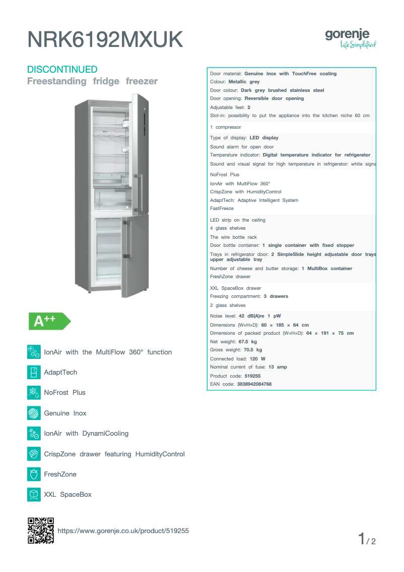 Page n°1 - Fiche technique Gorenje NRK6192MXUK