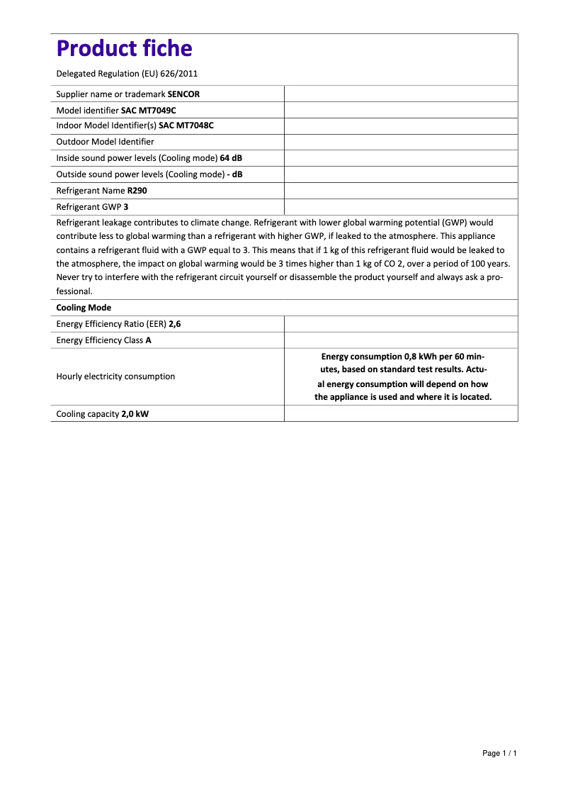 Page 1 of the manual Technical Sheet Sencor SAC MT7049C