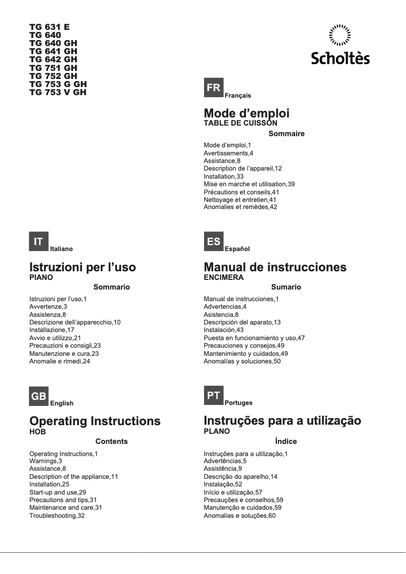 Page n°1 - Manuel utilisateur Scholtès TG 642 (IX) GH (EU)