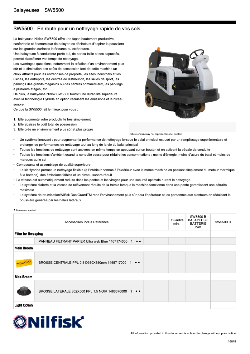 Page 1 de la notice Fiche technique Nilfisk SW5500
