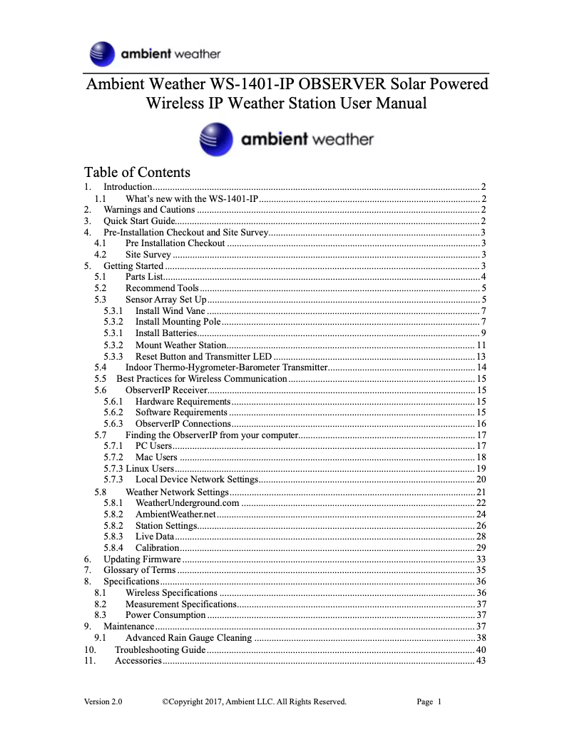 Page 1 de la notice Manuel utilisateur Ambient Weather WS-1401-IP