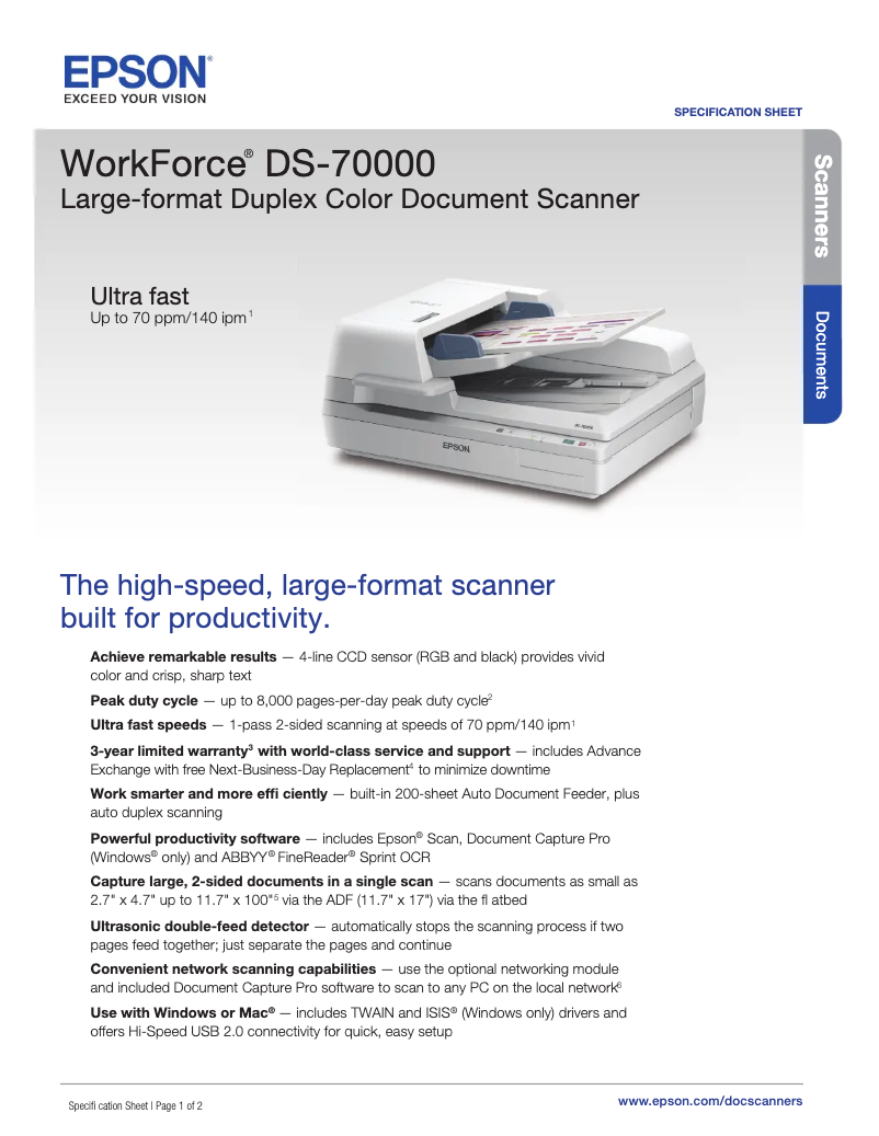 Page 1 de la notice Fiche technique Epson WorkForce DS-70000