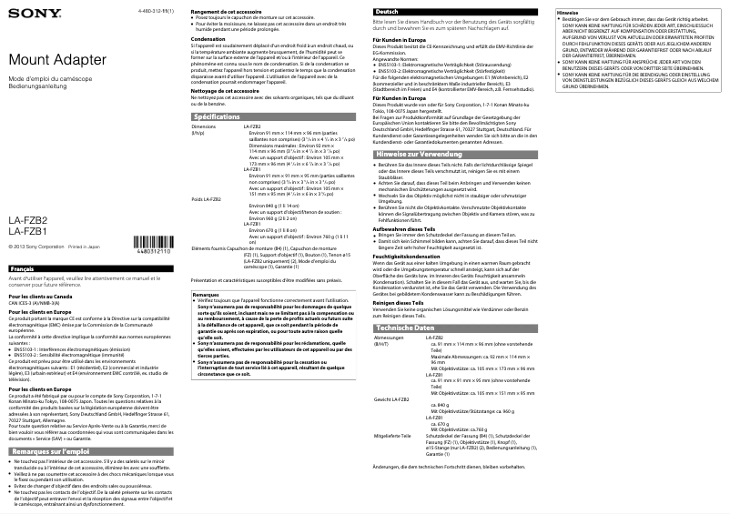 Page 1 de la notice Manuel utilisateur Sony LA-FZB2