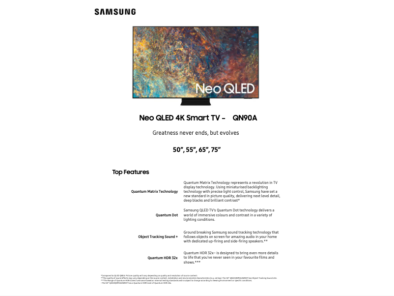 Page 1 de la notice Fiche technique Samsung QA50QN90AAWXXY