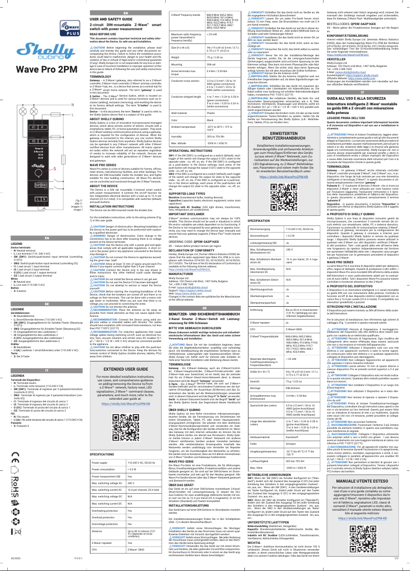 Page 1 de la notice Manuel utilisateur Shelly Wave Pro 2PM