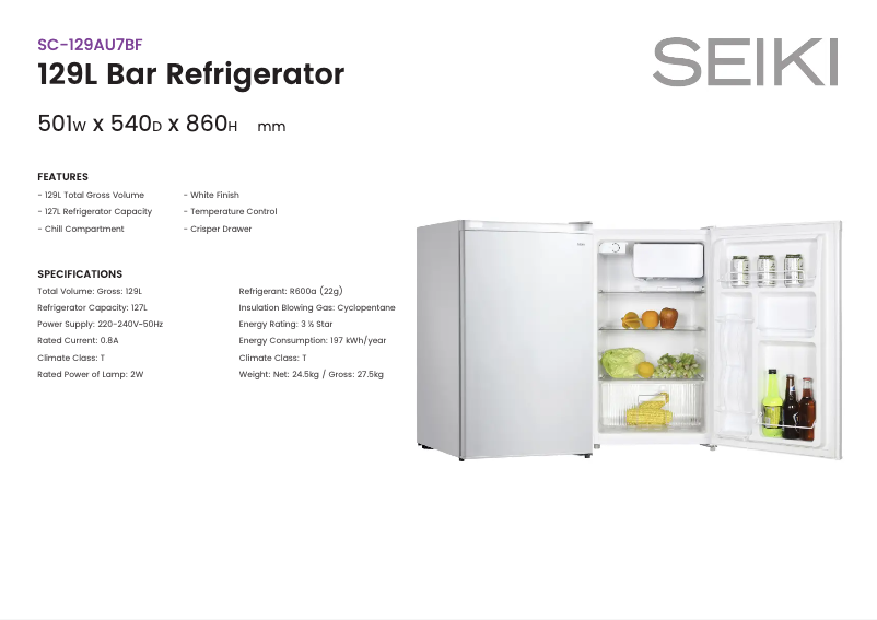 Page 1 de la notice Fiche technique Seiki SC-129AU7BF