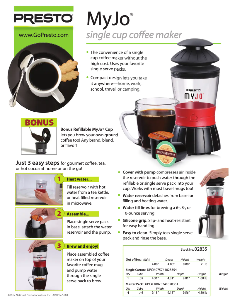Page 1 de la notice Fiche technique Presto MyJo 02835