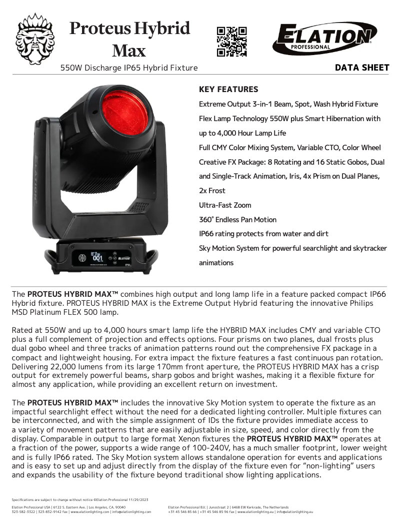 Page 1 de la notice Fiche technique Elation PROTEUS HYBRID MAX