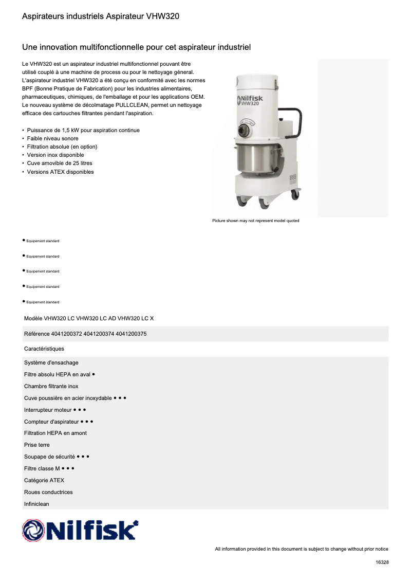 Page 1 de la notice Fiche technique Nilfisk VHW320